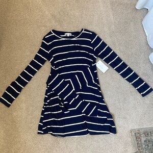 Long sleeve front-tie striped shirt dress